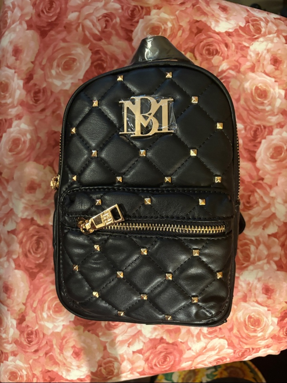 Badgley Mischka Black Quilted Mini Backpack with Gold Hardware